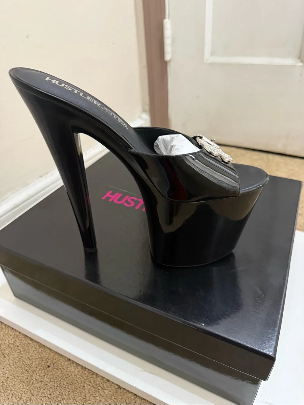 YRU Black Patent Platform Mule Heels with Crystal Dollar Buckle